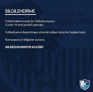 BB Erzurumspor’da bir futbolcunun daha koronavirüs testi pozitif çıktı
